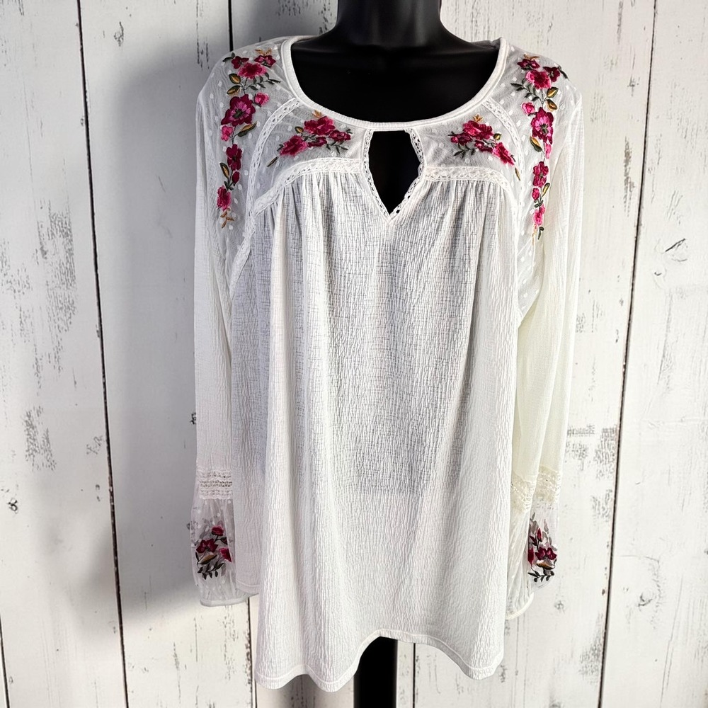 White Floral Embroidered Peasant Blouse L Swiss Dot Mesh Sheer Cowgirl‎ Boho